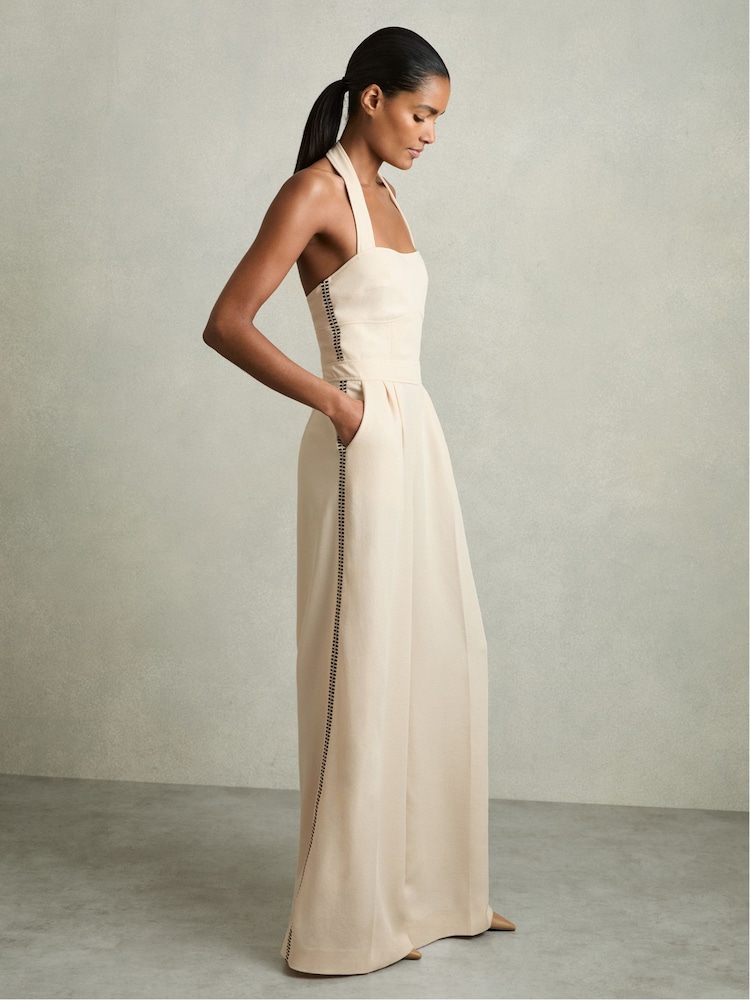 Reiss Cream Viola Embroidery Halterneck Wide-Leg Jumpsuit - Image 1 of 8