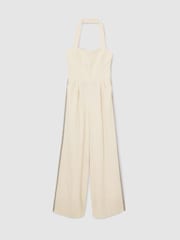 Reiss Cream Viola Embroidery Halterneck Wide-Leg Jumpsuit - Image 3 of 8