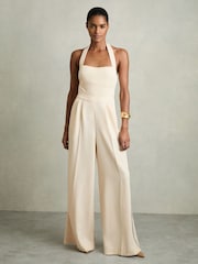 Reiss Cream Viola Embroidery Halterneck Wide-Leg Jumpsuit - Image 7 of 8