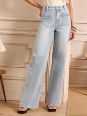 Love & Roses Bleach Wash Patch Plait Pocket Wide Leg Jeans - Image 1 of 4