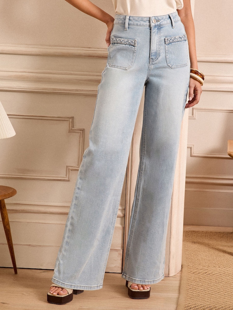 Love & Roses Bleach Wash Patch Plait Pocket Wide Leg Jeans - Image 1 of 4