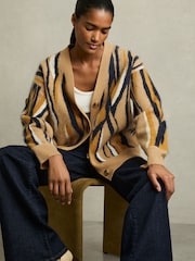 Reiss Camel Serafina Wool Cashmere Intarsia Stripe Cardigan - Image 1 of 6