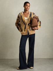 Reiss Camel Serafina Wool Cashmere Intarsia Stripe Cardigan - Image 3 of 6