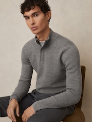 Reiss Warm Grey Melange Edison Merino Wool Half-Zip Jumper - Image 1 of 5