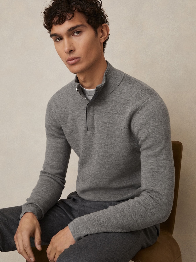Reiss Warm Grey Melange Edison Merino Wool Half-Zip Jumper - Image 1 of 5