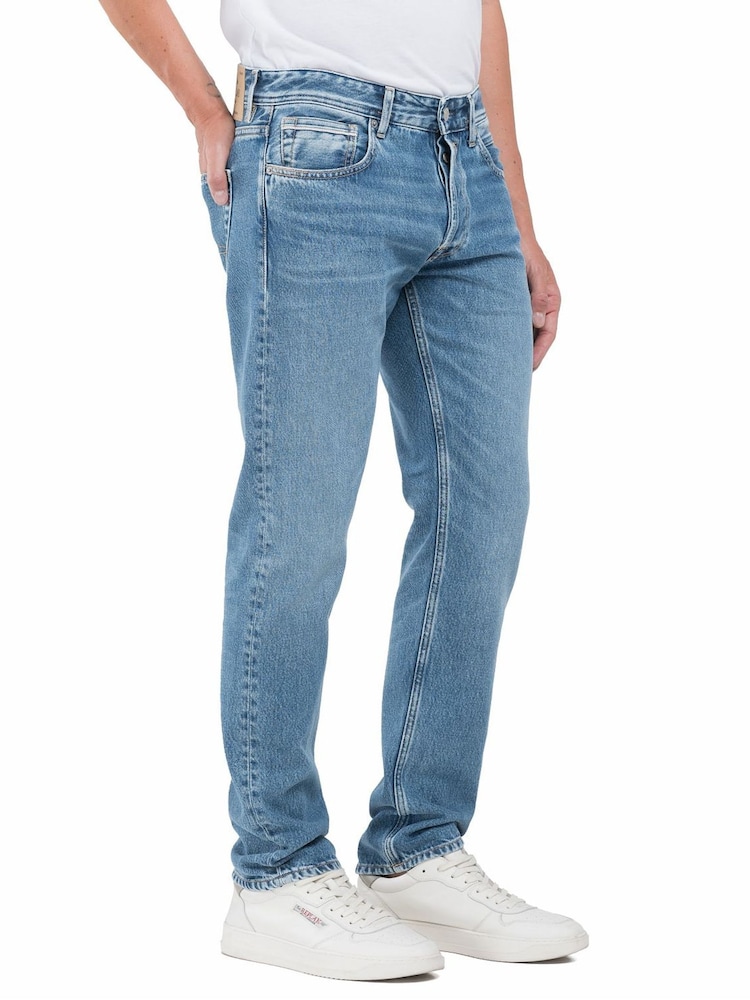 Replay Mid Blue Denim Straight Fit Grover Stretch Jeans - Image 3 of 3 Replay Mid Blue Denim Straight Fit Grover Stretch Jeans - Image 3 of 3