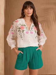 Love & Roses Green Ruffle Hem Linen Shorts - Image 2 of 4