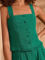Love & Roses Green With Ruffle Button Through Linen Top - Image 2 of 4