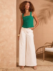 Love & Roses Green With Ruffle Button Through Linen Top - Image 3 of 4