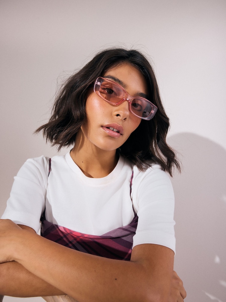 Pink Slim Rectangle Sunglasses - Image 1 of 5 Pink Slim Rectangle Sunglasses - Image 1 of 5