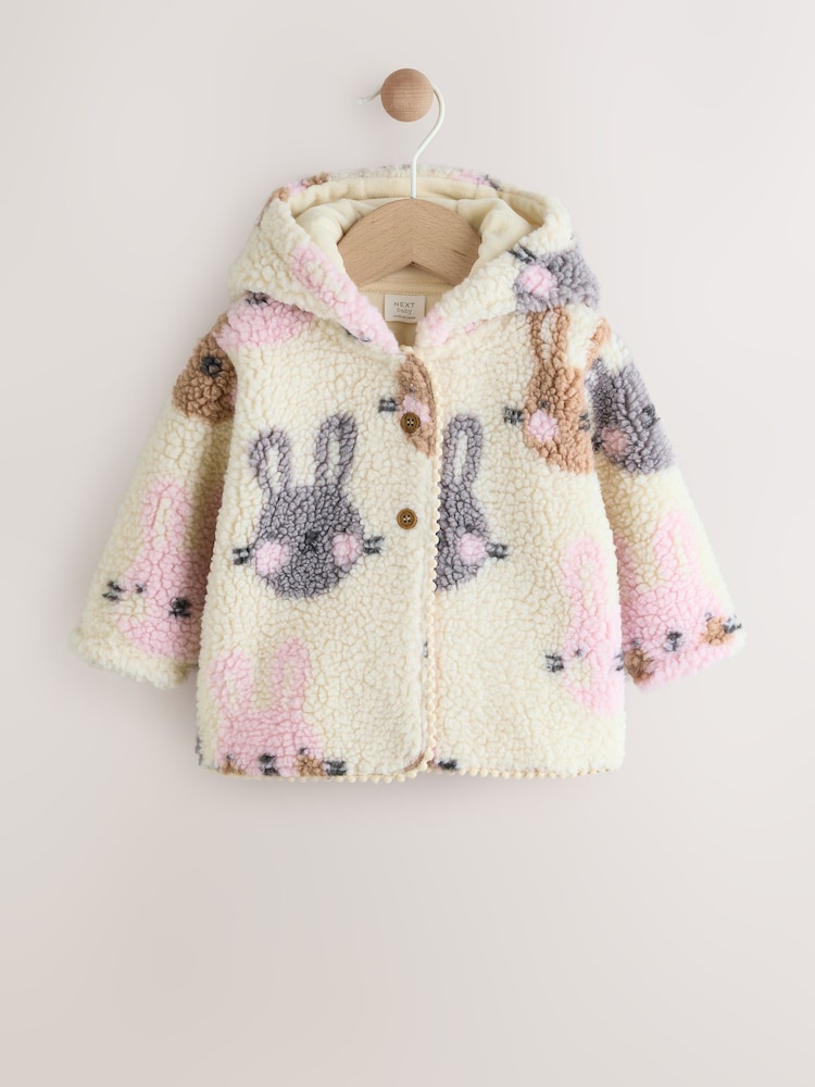 Ecru and Pink Bunny Borg Hooded Baby Jacket (0mths-2yrs) - Image 1 of 7 Ecru and Pink Bunny Borg Hooded Baby Jacket (0mths-2yrs) - Image 1 of 7
