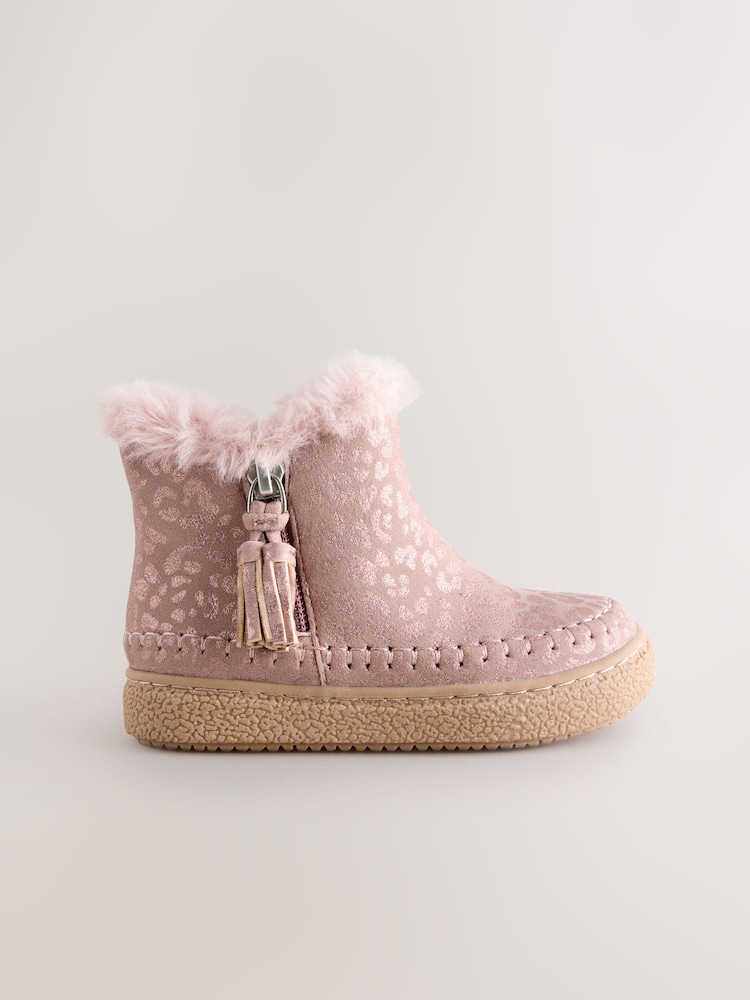 Pink Faux Fur Lined Zip Ankle Boots - Image 2 of 5 Pink Faux Fur Lined Zip Ankle Boots - Image 2 of 5