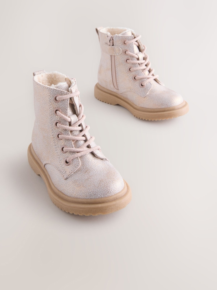 Pink Shimmer Standard Fit (F) Lace-Up Ankle Boots - Image 1 of 5