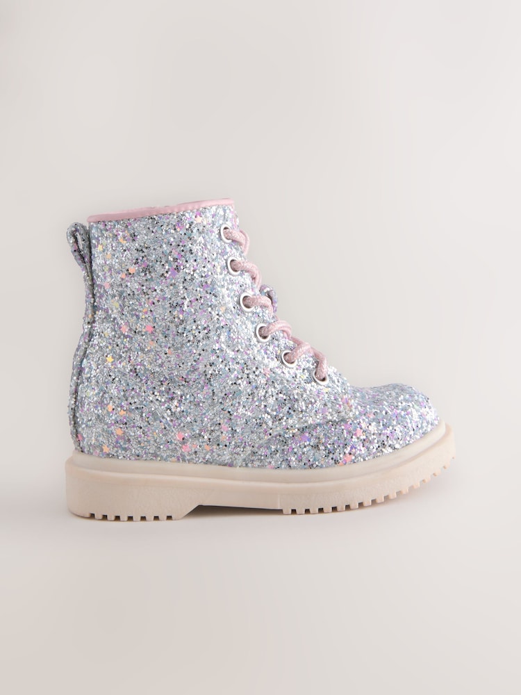 Silver Glitter Standard Fit (F) Lace-Up Ankle Boots - Image 2 of 5 Silver Glitter Standard Fit (F) Lace-Up Ankle Boots - Image 2 of 5