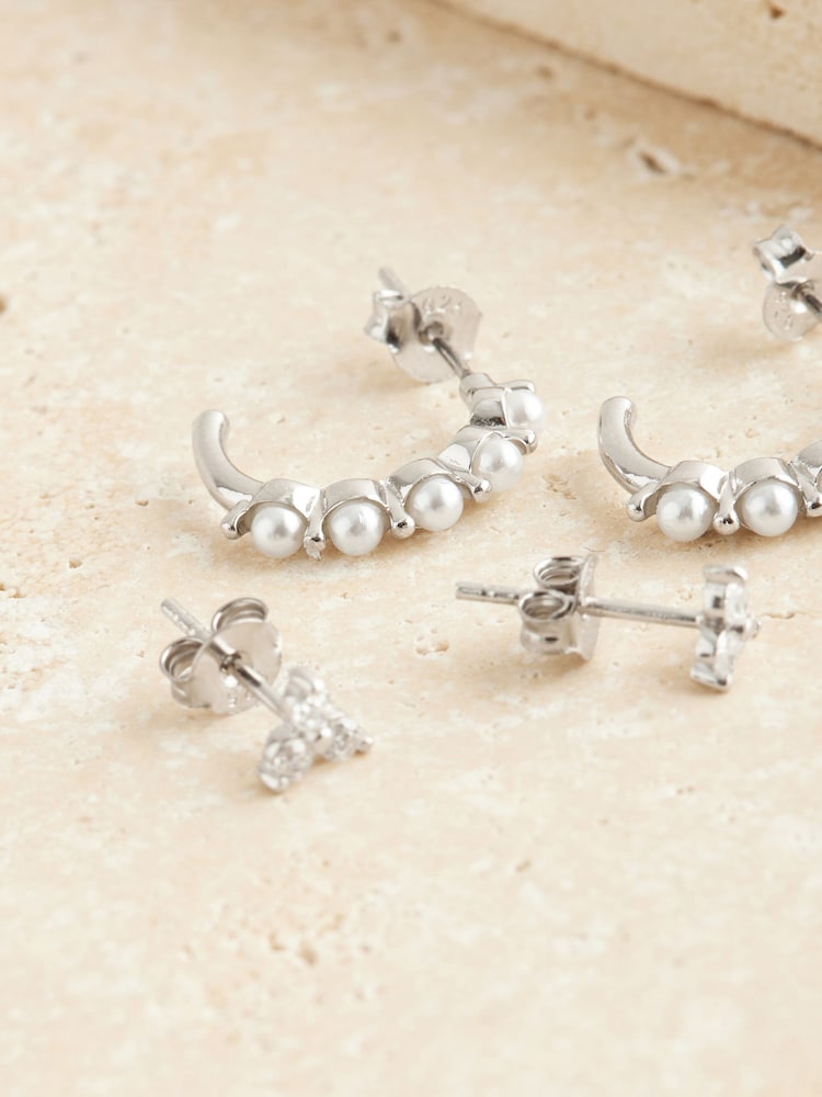 Sterling Silver Pearl Hoop and Stud Earrings - Image 2 of 3