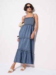 Friends Like These Rinse Blue Petite Chambray Tiered 100% Cotton Midi Dress - Image 1 of 4