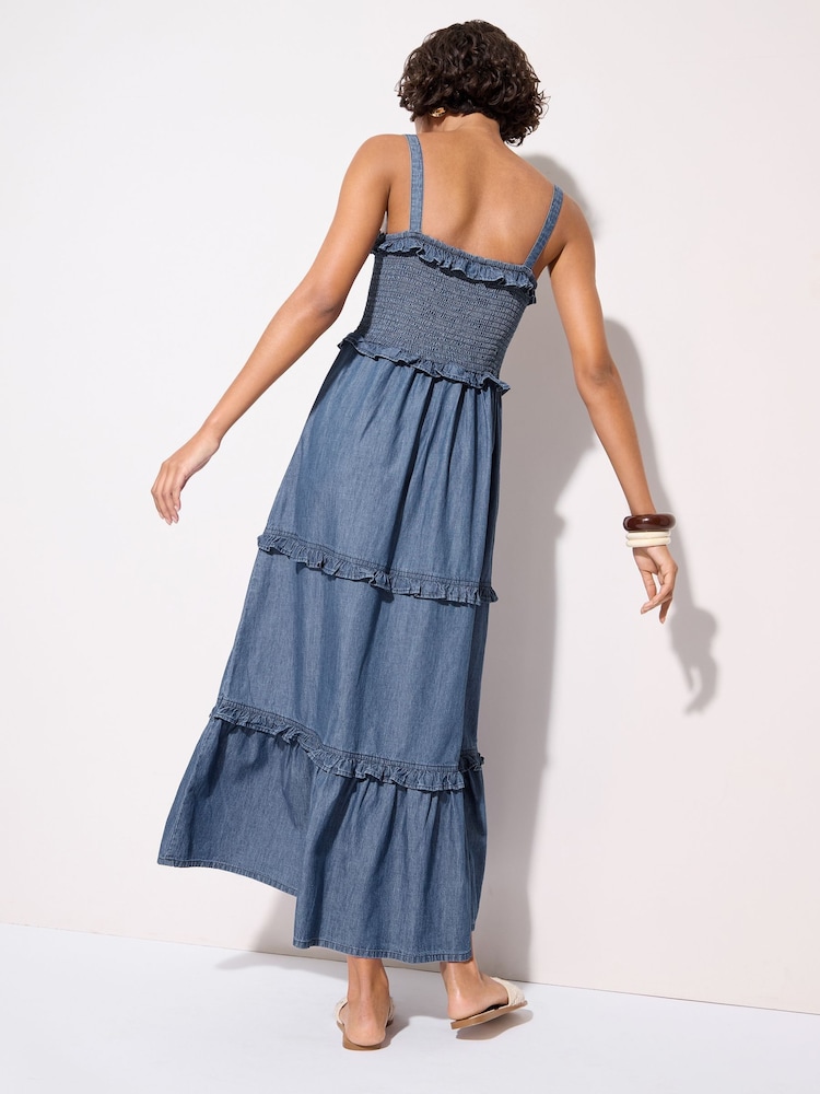 Friends Like These Rinse Blue Petite Chambray Tiered 100% Cotton Midi Dress - Image 4 of 4