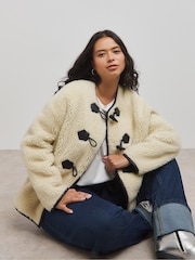 Simply Be Cream Duffle Fasten Round Collar Borg Jacket - Image 1 of 4