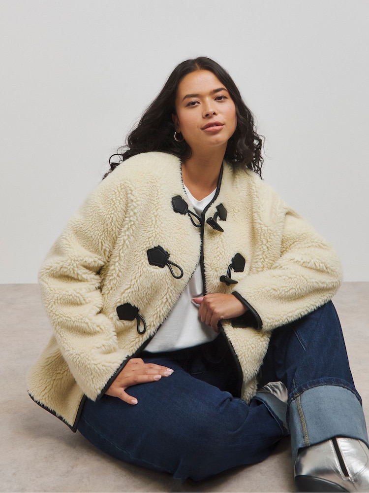 Simply Be Cream Duffle Fasten Round Collar Borg Jacket - Image 1 of 4