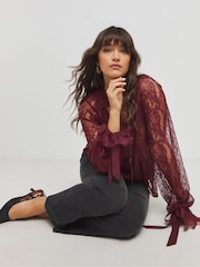 Simply Be Red Lace Blouse With Exaggerated Bow Detail - Image 1 of 4