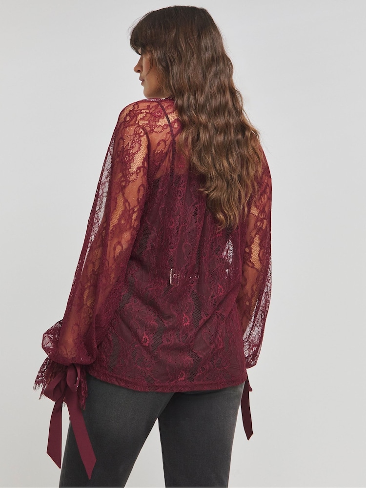 Simply Be Red Lace Blouse With Exaggerated Bow Detail - Image 2 of 4