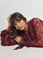 Simply Be Red Lace Blouse With Exaggerated Bow Detail - Image 3 of 4