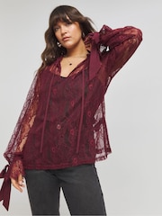 Simply Be Red Lace Blouse With Exaggerated Bow Detail - Image 4 of 4
