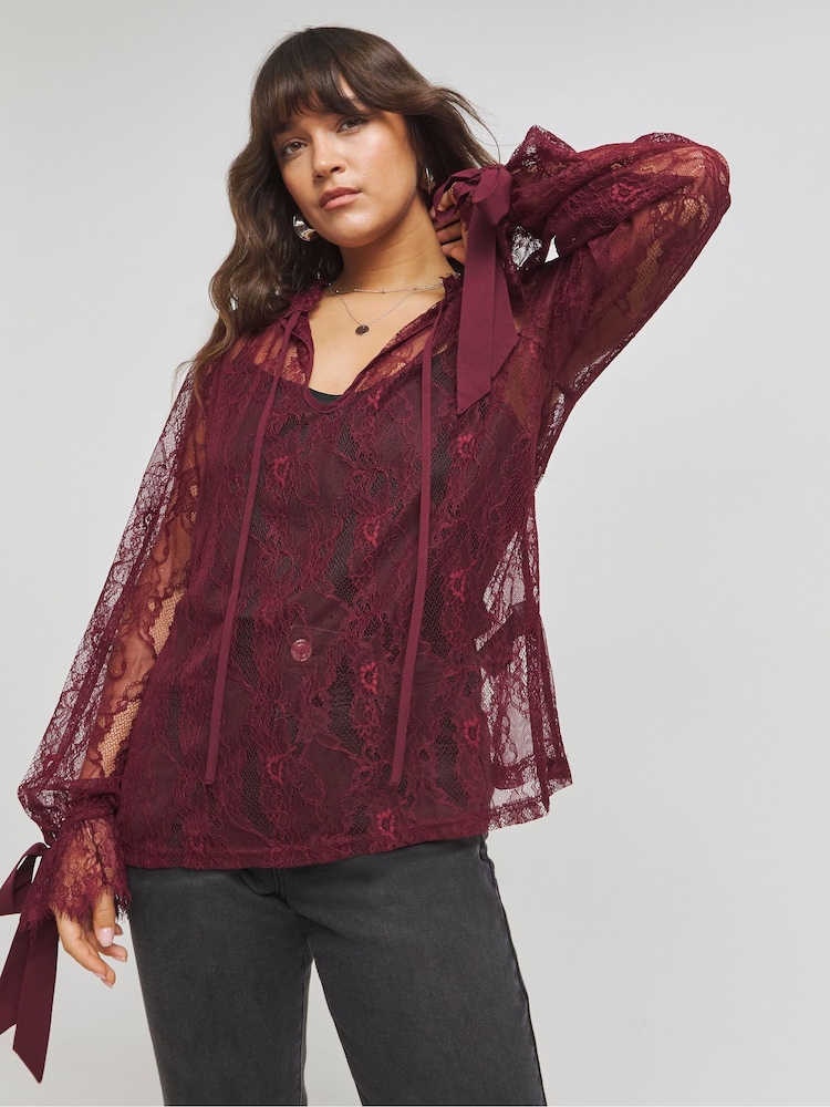 Simply Be Red Lace Blouse With Exaggerated Bow Detail - Image 4 of 4