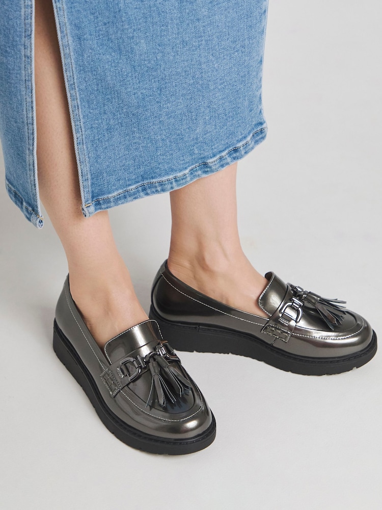 JD Williams Metallic Wide Fit Low Wedge Tassle Trim Loafers - Image 1 of 4