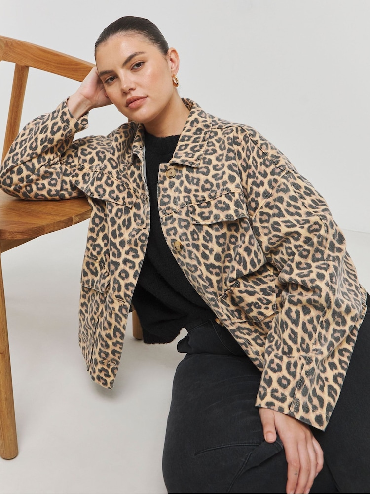 Simply Be Brown Leopard Boxy 100% Cotton Jacket - Image 1 of 4