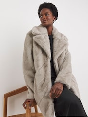 JD Williams Grey Chevron Faux Fur Coat - Image 1 of 4