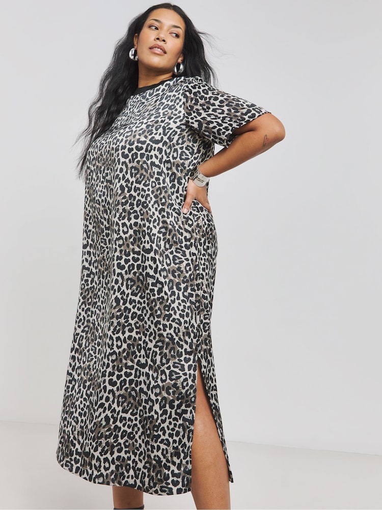 Simply Be Brown Satin Side Split Midi Dress - Image 1 of 4