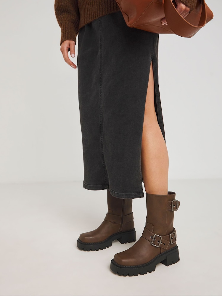 Simply Be Brown Extra Wide Fit Multi Buckle Ankle Biker Boots In Wide Fit - Image 1 of 4