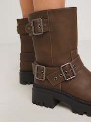 Simply Be Brown Extra Wide Fit Multi Buckle Ankle Biker Boots In Wide Fit - Image 3 of 4