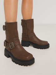 Simply Be Brown Extra Wide Fit Multi Buckle Ankle Biker Boots In Wide Fit - Image 4 of 4
