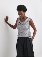 JD Williams Silver Reversible Silver Cowl Neck Sequin Vest - Image 3 of 4