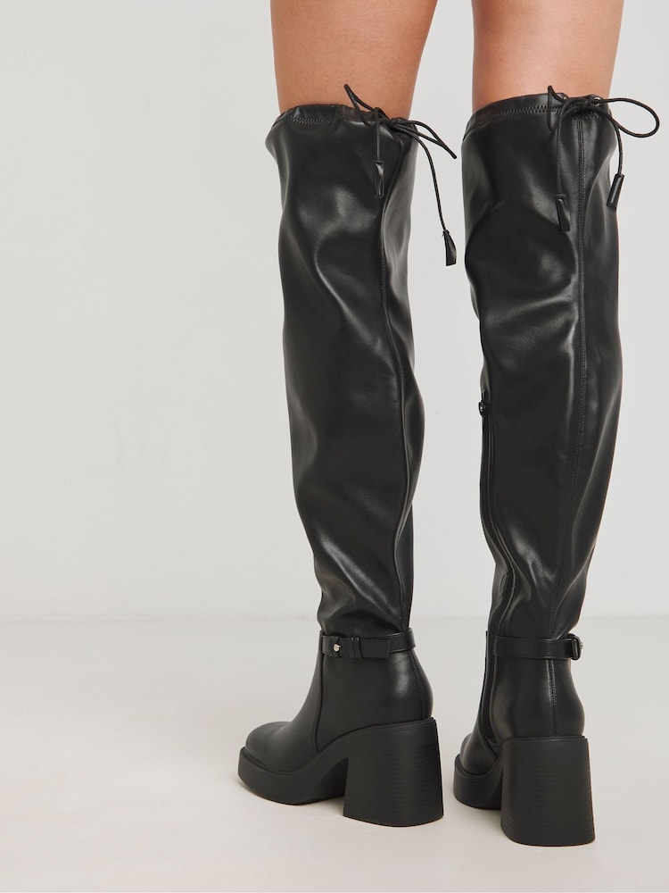 Simply Be Black Wide Fit Over The Knee Platform Heeled Stretch Boots - Image 2 of 4