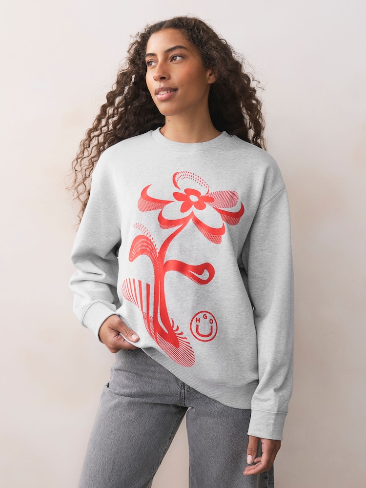 HUGO Grey Floral Graphic Oversized Jersey Sweatshirt - Image 1 of 4