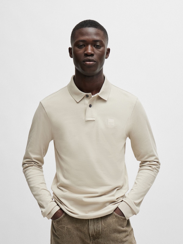 BOSS Beige Passerby Box Logo Long Sleeve Polo Shirt - Image 1 of 5 BOSS Beige Passerby Box Logo Long Sleeve Polo Shirt - Image 1 of 5