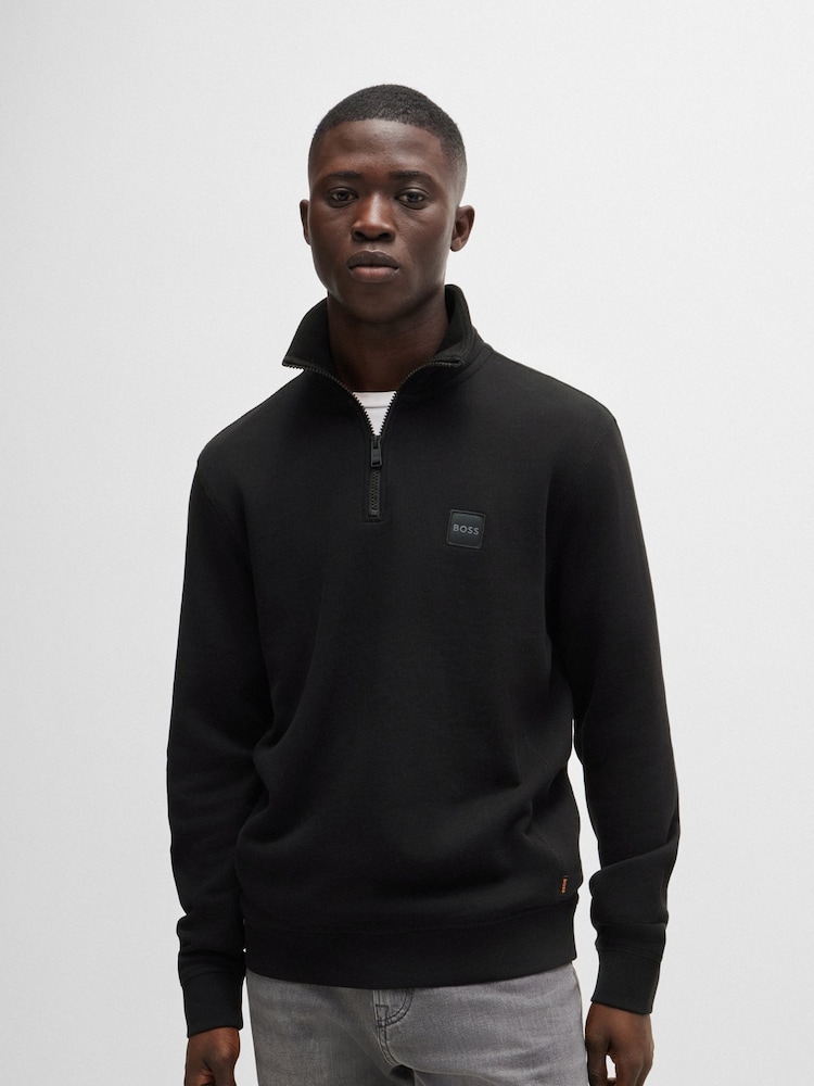 BOSS Black Logo Patch Terry 100% Cotton Zip Neck Jersey Sweatshirt - Image 1 of 3