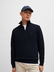 BOSS Light Blue Logo Patch Terry 100% Cotton Zip Neck Jersey Sweatshirt - Image 1 of 5