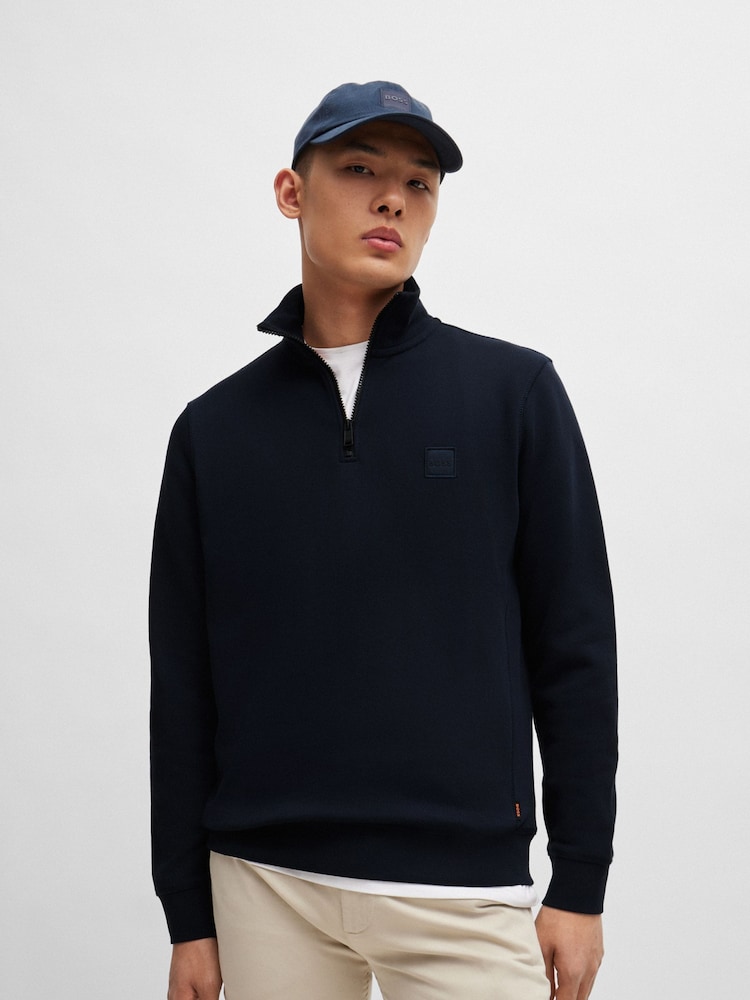 BOSS Light Blue Logo Patch Terry 100% Cotton Zip Neck Jersey Sweatshirt - Image 1 of 5 BOSS Light Blue Logo Patch Terry 100% Cotton Zip Neck Jersey Sweatshirt - Image 1 of 5