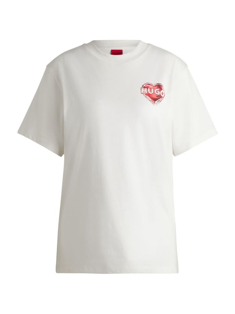 HUGO Cream Artwork Graphic Cotton Slim Fit T-Shirt - Image 1 of 1