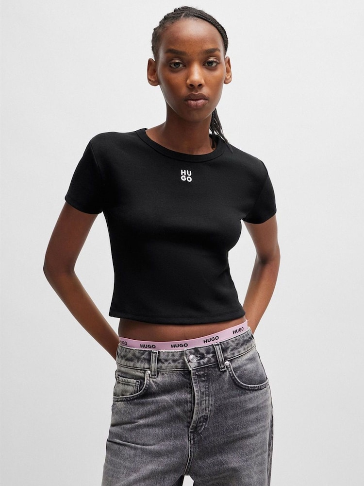 HUGO Black Embroidered Stacked Logo Slim Fit T-Shirt - Image 1 of 4
