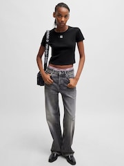 HUGO Black Embroidered Stacked Logo Slim Fit T-Shirt - Image 3 of 4