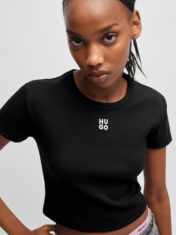 HUGO Black Embroidered Stacked Logo Slim Fit T-Shirt - Image 4 of 4