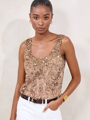 Lipsy Brown Animal Sequin Embellished Scoop Neck Vest - Image 1 of 4