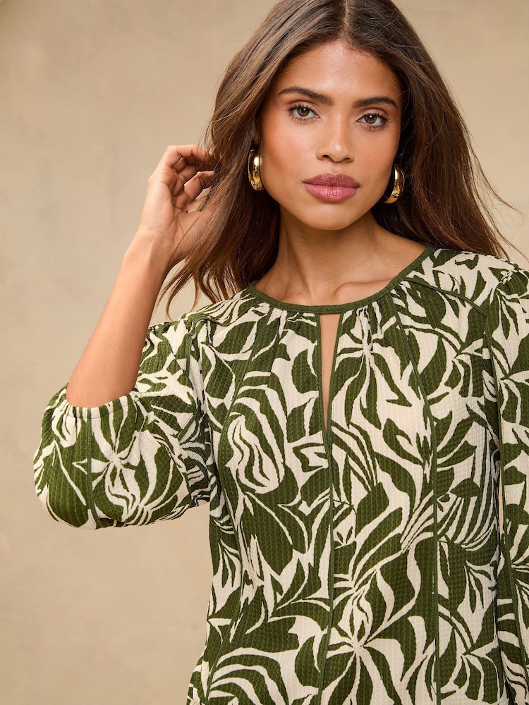 Lipsy Green Print Jersey 3/4 Sleeve Top - Image 1 of 4