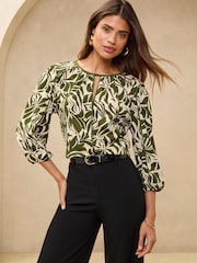 Lipsy Green Print Jersey 3/4 Sleeve Top - Image 4 of 4