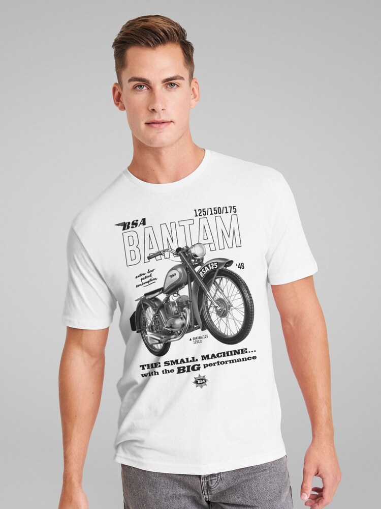 All + Every White BSA Bantam Small Machine Big Performance Mens 100% Cotton T-Shirt - Image 1 of 4